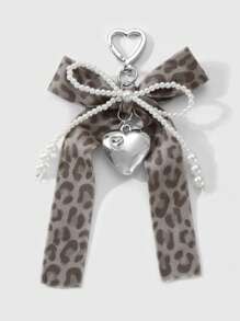 ROMWE Kawaii 1 件 INS 韩式创意时尚独特高品质手工串珠白色仿珍珠，棕色豹纹天鹅绒丝带蝴蝶结，玻璃水晶水钻心形吊坠钥匙扣，适合女性、日常佩戴、节日礼物 - 棕色 - 查看 1