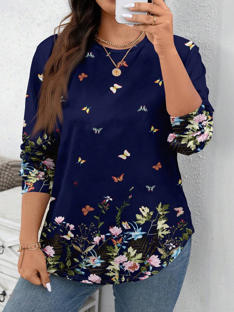 SHEIN LUNE Áo nỉ cổ tròn in họa tiết tối giản giản dị cho người ngoại cỡ, mùa thu/đông - Nhiều màu - Xem 1