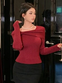 DAZY Damen eleganter einfarbiger Pullover mit asymmetrischem Kragen, Schleife und schlanker Passform, Herbstkleidung, Neujahr