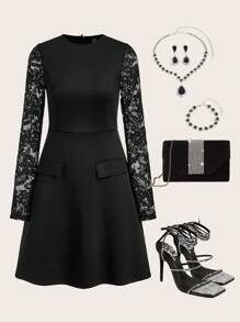 Gownix Women's Solid Color Flap Detail A-Line Lace Long Sleeve French Retro Style Black Dress  Long Sleeve Dress - Black - View 1