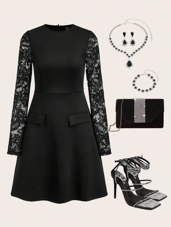 Ellevyn Women's Solid Color Flap Detail A-Line Lace Long Sleeve French Retro Style Black Dress  Long Sleeve Dress