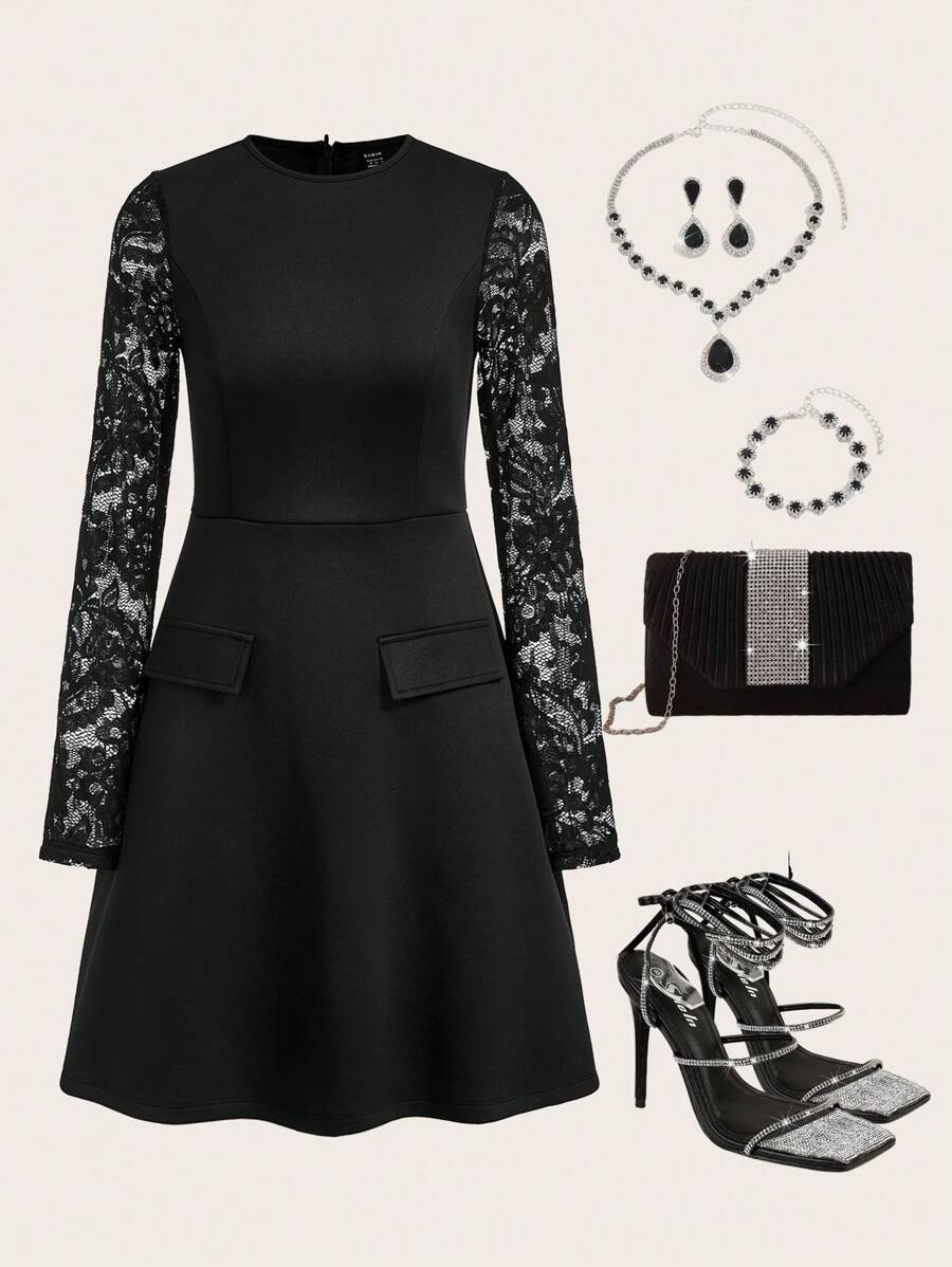 Gownix Women's Solid Color Flap Detail A-Line Lace Long Sleeve French Retro Style Black Dress  Long Sleeve Dress - Black - View 1