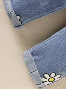 女婴花卉和字母印花长袖 T 恤和松紧腰直筒牛仔裤套装，春/秋