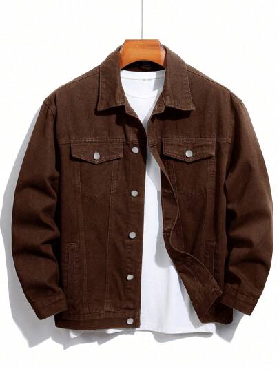 RivetRise Men Loose Fit Long Sleeve Cotton Solid Color Front Button Casual Denim Jacket, For Fall