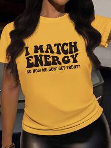 INAWLY Women's Fitted Casual Round Neck Short Sleeve T-Shirt With English Text Graphic, Summer - Yellow - View 3