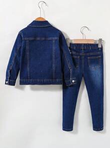 SHEIN Ropa casual de moda para niño: 2 piezas chaqueta de mezclilla negra con diseño desgastado y roto de manga larga y pantalón de mezclilla negro elástico roto para uso diario y vuelta al colegio - Azul lavado oscuro - Ver 2