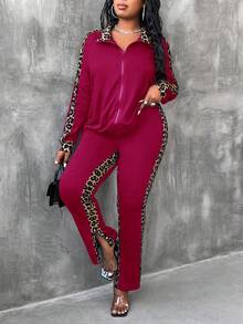 Maweii Áo thun tay dài họa tiết da báo cỡ lớn có khóa kéo và quần ống rộng xẻ tà 2 món Bộ thường ngày - Màu Đỏ Sâu - Xem 5