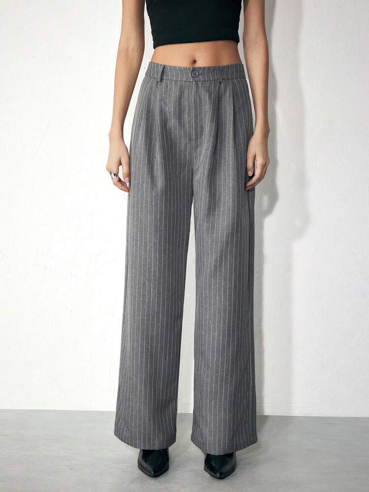 SHEIN Maija Damskie szare, prążkowane, wpuszczane w pas, elastyczne, luźne, szerokie nogawki, modne spodnie na co dzień, jesień/zima