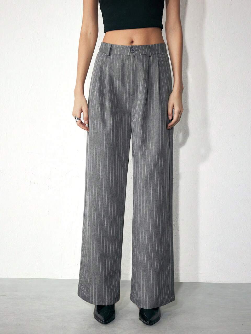 SHEIN Maija Women's Grey Striped Tucked Waist Elastic Loose Wide Leg Casual Fashion Pants, Autumn/Winter