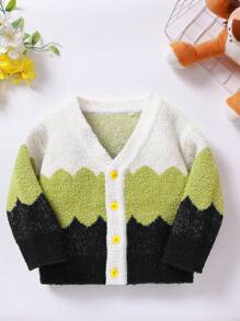 Baby Boys Multi-Color Jacquard Half-Side Fleece Warm Front Open Cardigan Sweater, Comfy & Versatile, Autumn/Winter - Army Green - View 1