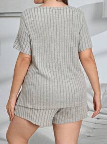 2 件大码纯色罗纹圆领短袖上衣和松紧腰短裤套装 - 彩色 - 查看 2
