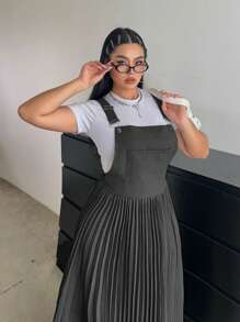 Flirla 1 件女式纯色褶皱吊带连衣裙，韩版简约宽松带口袋，适合夏秋季 - 淺灰色 - 查看 7