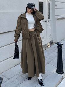 Flirla 1 bộ gồm áo khoác cargo kiểu Pháp và chân váy xòe cạp cao. - màu xanh lá - Xem 2