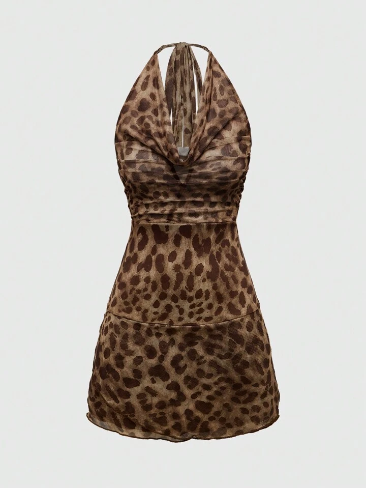 dresses for clubbing women Saint Laurent Ruched Mini Dress In Leopard Tulle Jersey - Brown - Women main image 0