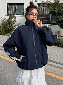 DAZY Contrast Ribbon Bow Printed Loose Women Jacket,Fall Women Clothes - Navy Blue - View 3