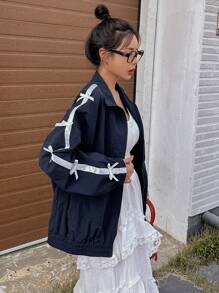 DAZY Contrast Ribbon Bow Printed Loose Women Jacket,Fall Women Clothes - Navy Blue - View 6