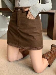 DAZY Corduroy Short Mini A-Line Skirt For Women,Fall Clothes Winter Women Skirts - Brown - View 9