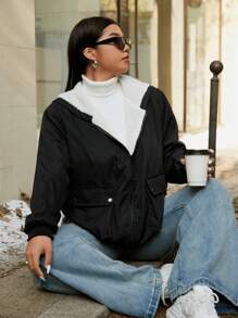 Flirla Áo khoác ấm dài tay đơn giản màu trơn giản dị - màu đen - Xem 5