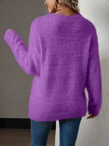 SHEIN LUNE Women Casual Solid Color Drop Shoulder Fuzzy Sweater, Autumn/Winter Knit Pullover Fall Outfit