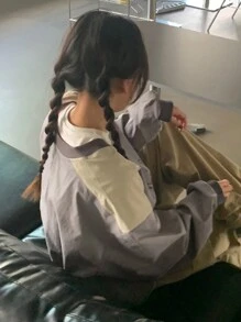 DAZY 女士撞色字母印花宽松套头衫，春夏秋季长袖女装上衣图案T恤 - 灰色 - 查看 2