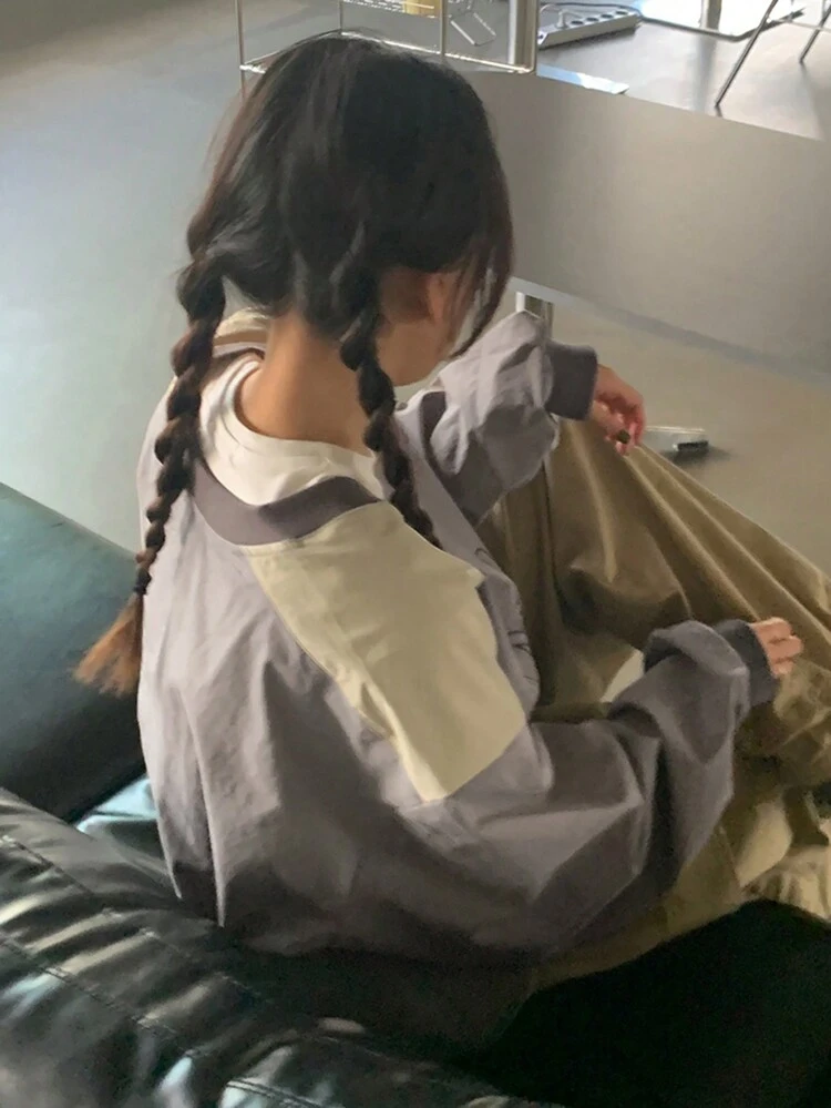 Women Contrast Color Letter Print Loose Pullover Shirt, Spring/Summer/Autumn,Fall Women Clothes Long Sleeve Top Graphic Tee