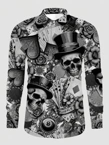 Manfinity Homme Áo sơ mi dài tay in họa tiết hoa đầu lâu thời trang giản dị dành cho nam - Xám - Xem 1