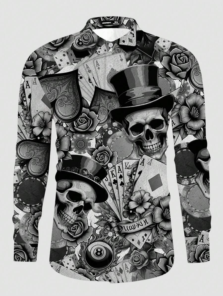 Manfinity Homme Áo sơ mi dài tay in họa tiết hoa đầu lâu thời trang giản dị dành cho nam - Xám - Xem 1