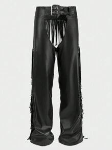 FeverCity Men's Waist Metal Buckle Accented Patchwork Fringe Cutout PU Leather Fashionable Pants, Going Out Baggy Pants, For Husband, Boyfriend Gifts