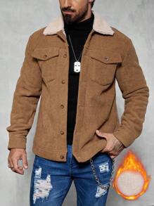 Manfinity Homme 男士休闲灯芯绒保暖内衬夹克，秋冬季外出保暖长袖卡其色拼色夹克，适合朋友、丈夫、男朋友的礼物 - 咖啡棕 - 查看 5