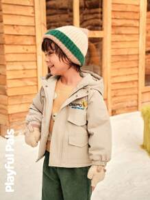 SHEIN Young Boy Casual Street Fashion Daily Wear Letter Print Flap Pocket Zipper Front Hooded Padded Coat, Winter - Apricot - View 8