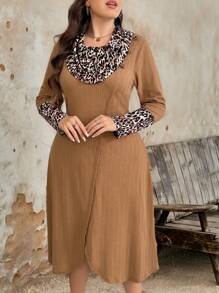 Plus Size Women's Knitted Jacquard Leopard Print Color-Blocking Warm Sweater Dress - Khaki - View 1
