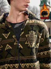 Manfinity VCAY Men Retro Knitted Casual Pattern Loose Fit Hooded Long Sleeve Jacket, For Fall Winter - Army Green - View 5