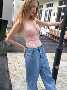 INAWLY Women's Spaghetti Strap Backless Bow Tie Solid Color Minimalist Fitted Bodysuit - Pink - View 3