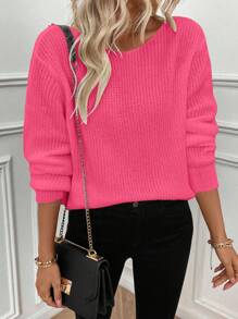 EMERY ROSE Femei culoare solidă guler rotund mânecă lungă Hollow-Out Splice minimalist casual pulover tricotat pulover toamna iarna - Roz fierbinte - Vizualizare 5