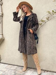 SHEIN LUNE Women Street Fashion Vintage 90s Long Leopard Print Windbreaker Coat, Casual Style, Autumn - Brown - View 6