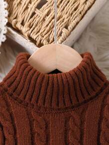 SHEIN Vintaside Kids Vestido de punto de cuello alto de punto cable sólido informal para niña, otoño/invierno - Marrón Chocolate - Ver 3