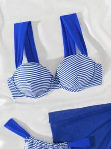 SHEIN Swim Conjunto de 3 piezas de bikini de verano con Top con aros, Bottom y Mini falda a rayas para mujeres - Azul y blanco - Ver 5