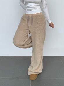 SHEIN BASICS 休闲纯色针织双面绒高腰阔腿宽松保暖女裤 - 卡其色 - 查看 3