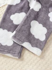 两件套少女休闲毛绒云朵图案裤装，搭配刺绣睫毛长袖上衣，舒适保暖家居服