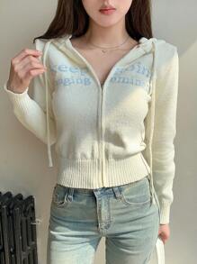 DAZY 女士字母提花针织连帽开衫，秋季女装 - 白色 - 查看 10