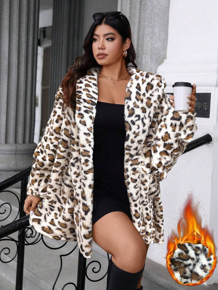 Allurite Plus Size Open Front Leopard Print Casual Long Sleeve Jacket For Everyday Wear - Beige - View 1