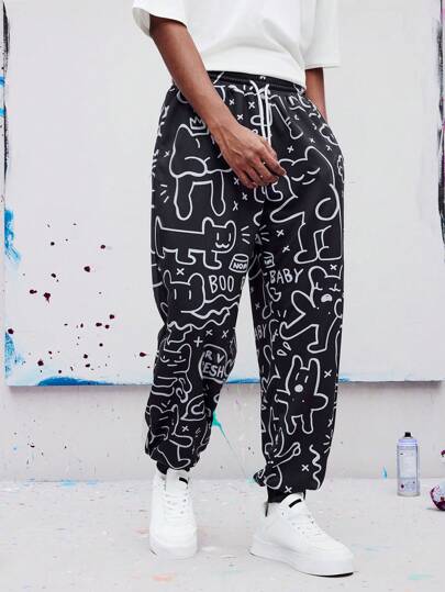 Coolman Pantalones tipo jogger informales para hombre con estampado de dibujos animados y cordón en la cintura, para vacaciones, invierno, primavera, festivales