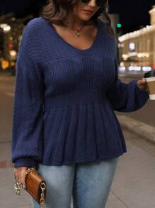 SHEIN LUNE Plus Size Women's Solid Color V-Neck Long Sleeve Ruffled Hem Casual Pullover Sweater Knit Pullover Fall Winter - Navy Blue - View 4