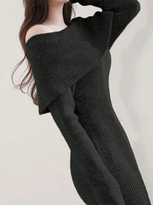 DAZY Vestido de punto ajustado de hombros caídos para mujer, color negro, apto para primavera/verano/otoño