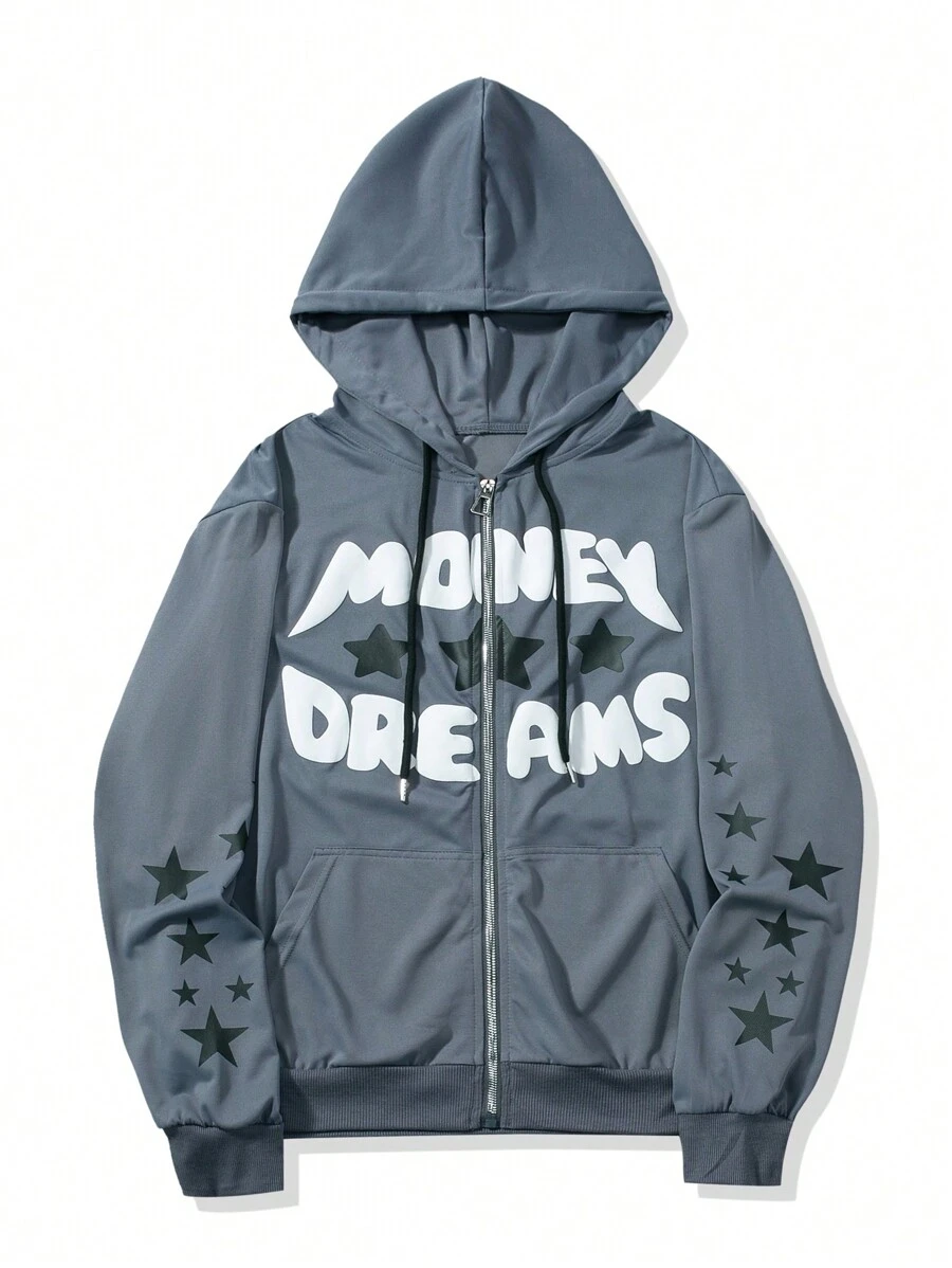 Chillumni Men's Autumn Letter & Star Print Long Sleeve Drawstring Hooded Zipper Casual Sweatshirt - Dark Grey - View 1