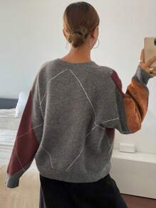 DAZY Thanksgiving Plaid Pattern Loose Fit Crew Neck Sweater For Women , Fall - Dark Grey - View 2