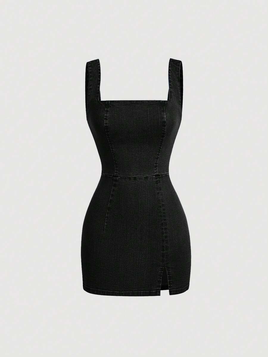 SHEIN MOD Women Square Neck Casual Denim Bodycon Dress - Black - View 1