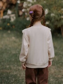 SHEIN 年轻女孩春秋季花卉贴花荷叶边圆领长袖可爱运动衫 - 墨綠色 - 查看 2