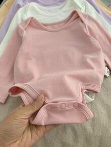 SHEIN Bộ đồ liền thân dài tay cổ tròn dệt kim cho bé gái sơ sinh/Unisex, Mua 1 tặng 5 - màu đen - Xem 4