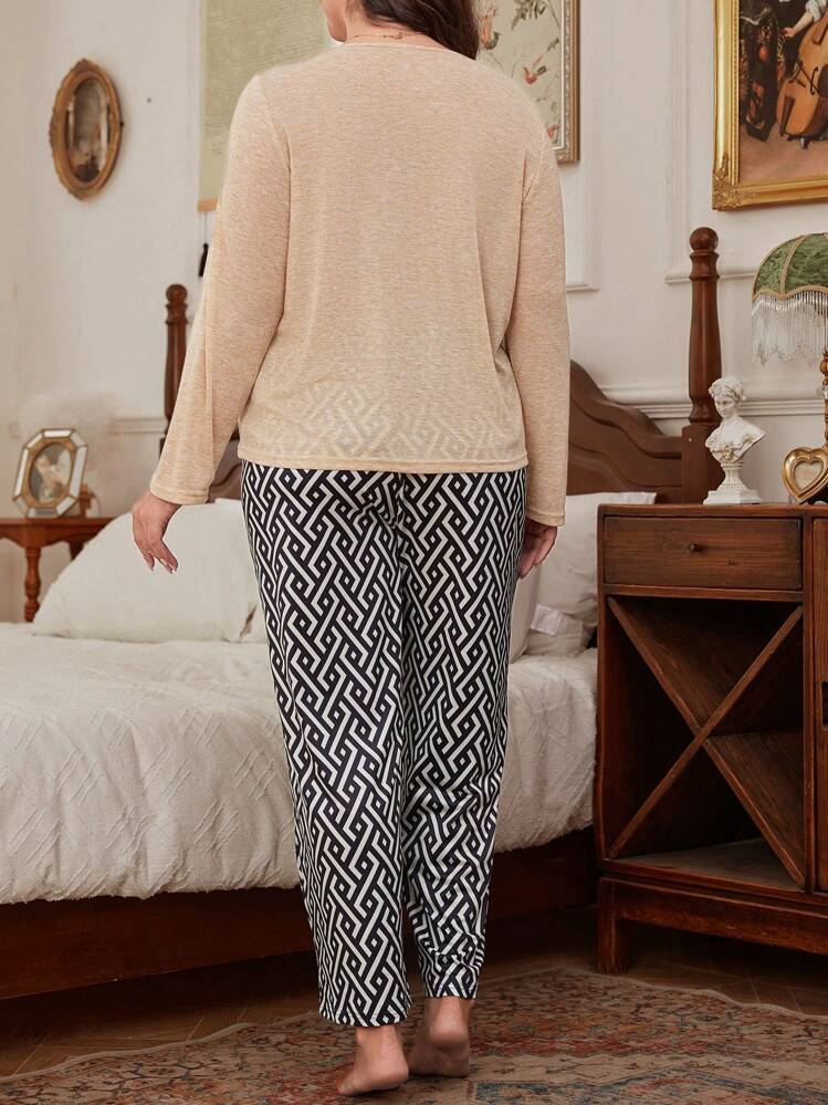 Trezura Conjunto de pijama de manga larga con estampado geométrico de talla grande - Multicolor - Añade 2